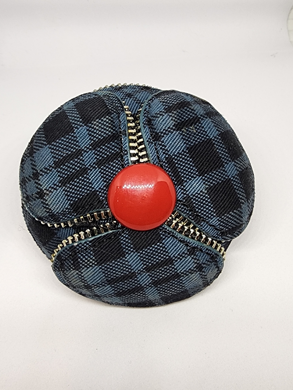 Marc Jacobs Vintage Flower Zippered Blue/Black Plaid Red Button Brooch